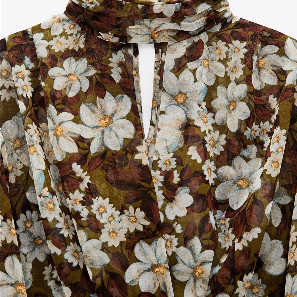 Brown floral cropped silky shirt top Zara